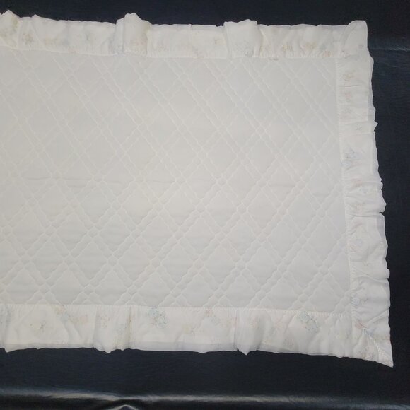 Dacron Quilted Baby Blanket Satin Trim Bunny Pastel Blocks Teddy Bear Rattle Vtg - Picture 6 of 16
